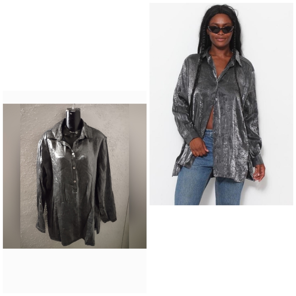 Democracy Metallic Silver Crinkle Top Vintage Long Sleeve Festival Party Dressy